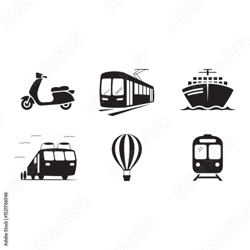 Varied Transportation Vehicle Silhouettes: Scooter, Ship, Train, and Hot Air Balloon