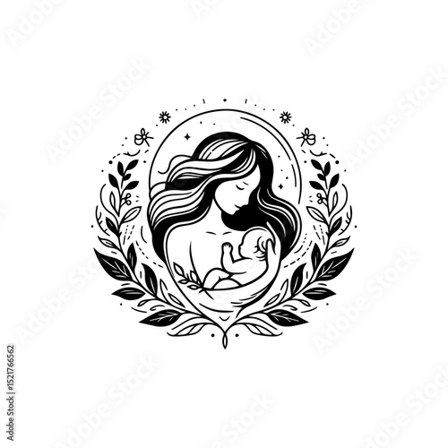 Stylized mother and baby silhouette logo embraced by circular botanical wreath family symbol