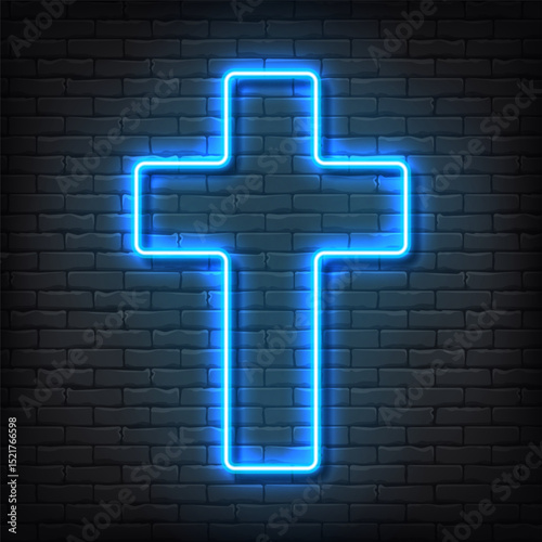 Bright blue neon glowing cross