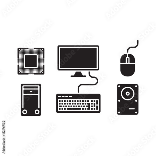 Desktop Computer Setup Silhouettes: Monitor, Mouse, Keyboard, and System Unit