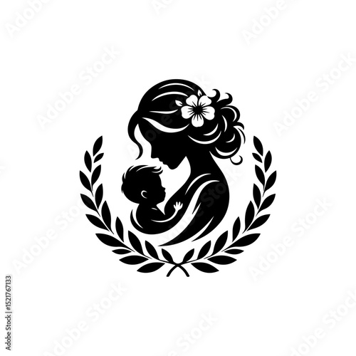 Elegant mother cradling baby vector logo encircled by symbolic laurel wreath with blossoming flower detail