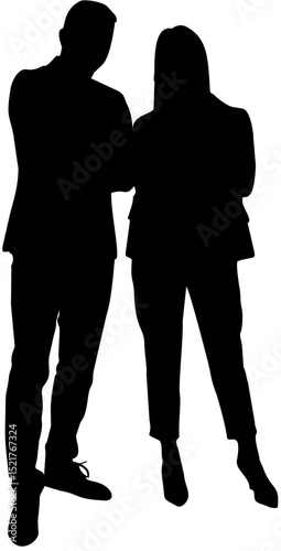 Silhouette of Professional Man and Woman Standing Together in Business Attire