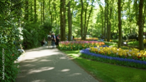 Wallpaper Mural Blurred group walking on park pathway with colorful flowers surrounding in vibrant springtime scene under lush green trees with bright sunlight creating a peaceful ambiance. Torontodigital.ca