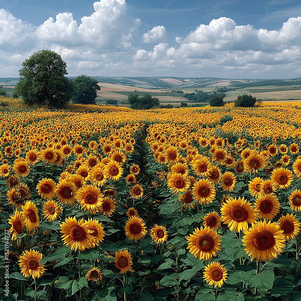 Naklejka premium Yellow sunflower bloom spread across fertile field high resolution picture