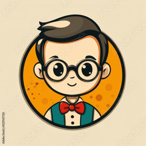 Cheerful cartoon boy with glasses and bow tie on an orange background showcasing a playful character design