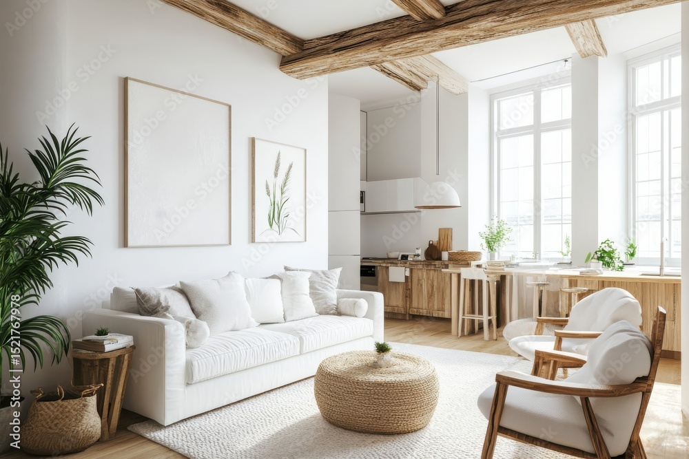 Fototapeta premium Bright minimalist living room with wooden beams