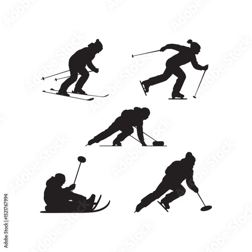 Active Winter Recreation Icons: Skiing and Sledding Activity Silhouettes