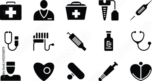 A collection of medical icons including doctor, stethoscope, syringe and first aid kit