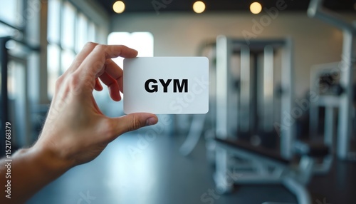 Hand holds gym access card with GYM inscription. Membership pass offers entry to modern fitness facility. Sports center entrance with text. Health club card for training. photo