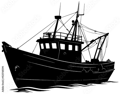 Silhouette of a fishing boat on the sea, isolated 