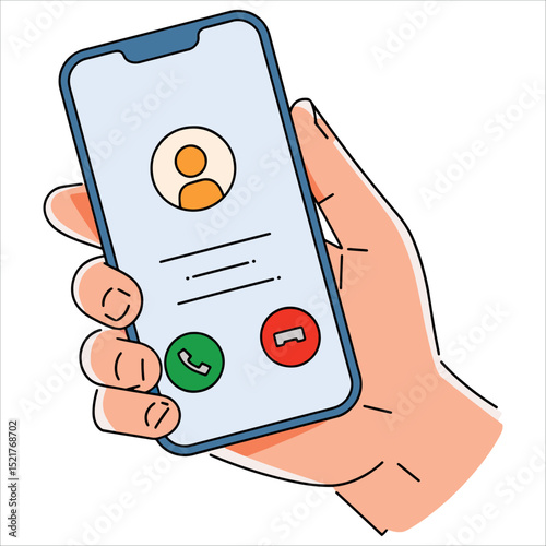 Human hand holding mobile phone receiving incoming call. Flat vector icon of unknown caller with answer or decline buttons, clean white background ideal for communication themes.