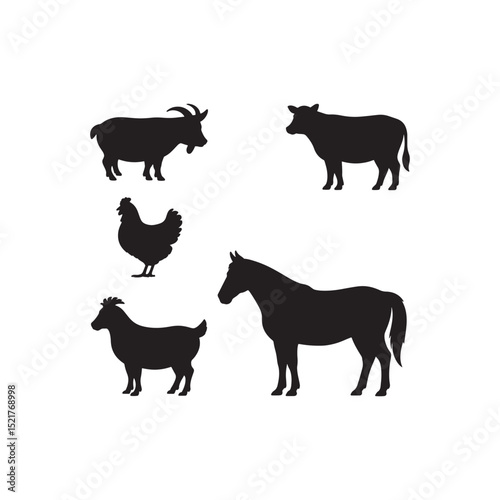 Various Farm Animal Silhouettes: Sheep, Chicken, and Goats for Agricultural Themes