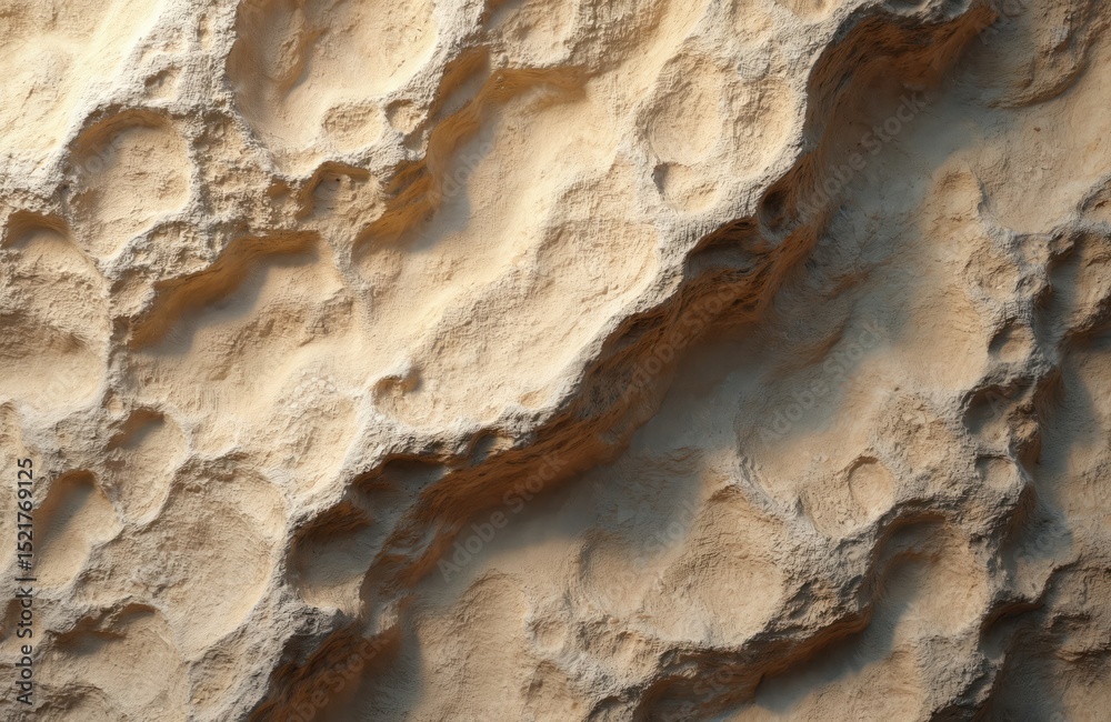 Obraz premium Abstract rock texture created by tools, with light brown, beige tones. Rough surface, cracked, worn. Suitable for construction design, architecture, background. Ideal for building, concrete, earth,