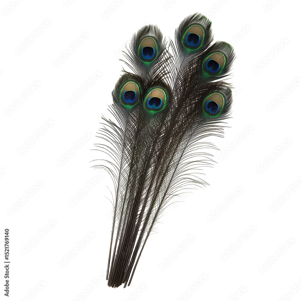 Fototapeta premium Colorful peacock feathers arranged in a decorative bunch