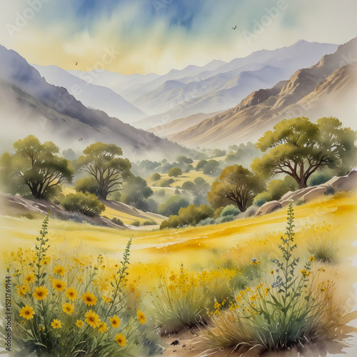 Ethereal watercolor of a quiet valley in the Sierra Madre Occidental, Mexico, with swaths of yellow wildflowers and hummingbirds feeding from tubular blossoms, joined by bees shimmering in the morning photo