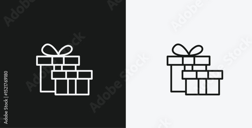 White Outline Icon Two Stacked Gift Boxes with Bows on Black and White Backgrounds, Representing Presents or Celebrations