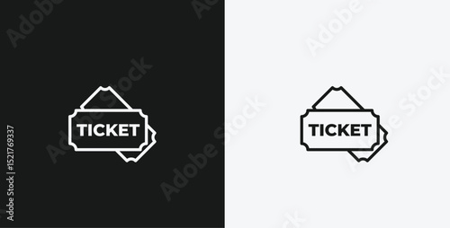 White Outline Icon Ticket with  "TICKET" Text on Black and White Backgrounds, Representing Events or Entry