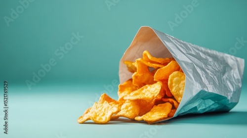 Crispy chips and paper bag on cyan background: Capturing the fresh snack spilled out of a paper bag with a cyan background, creates a casual and enticing food photography.