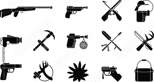 A collection of black and white icons depicting weapons, tools, and a bucket on white background