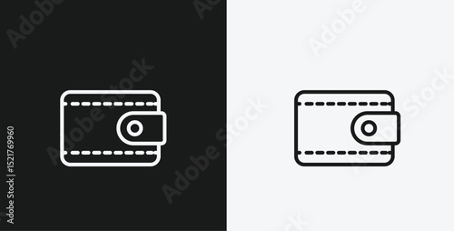 White Outline Icon Wallet with Button Closure on Black and White Backgrounds, Representing Finance or Payment