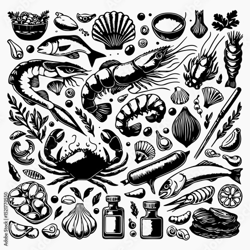 Extensive collection of detailed black and white illustrations featuring diverse seafood, fresh citrus, and unique marine elements. Food concept