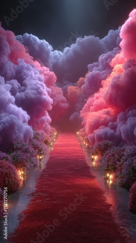 Majestic pathway adorned with blossoms and vibrant clouds under a dramatic sky at dusk