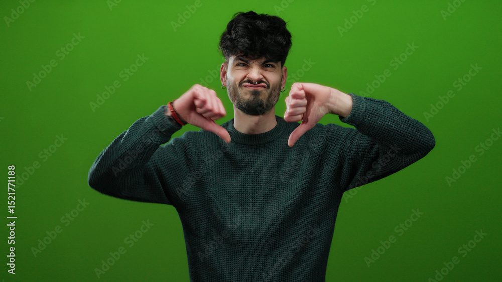 Fototapeta premium Man expressing dislike with thumb down gesture against green wall in isolated setting, portraying disapproval vividly.