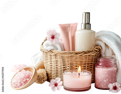 Natural spa essentials in a wicker basket displayed on transparent background ideal for beauty branding, aromatherapy, and calm lifestyle visuals