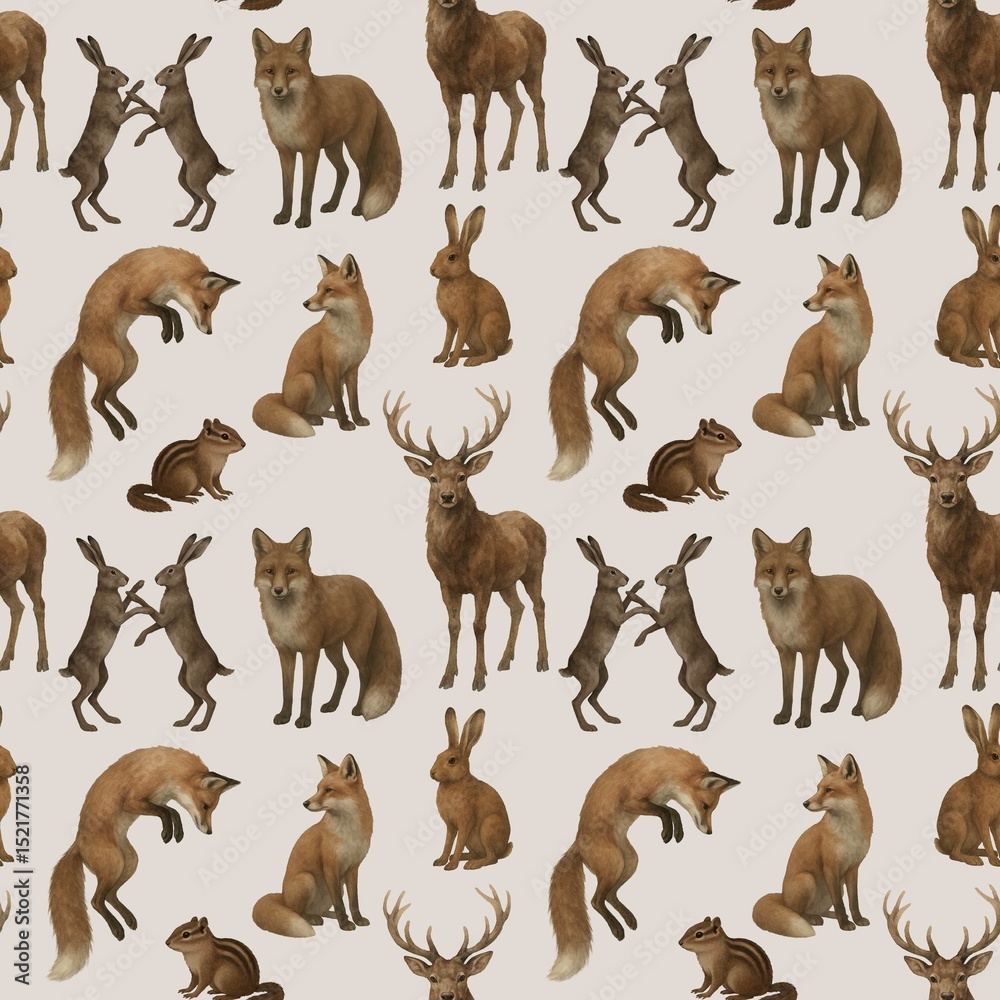 Obraz premium Seamless pattern with watercolor illustrations Deer, Foxes, Hares on a beige background. An ornament with a forest animals without a seam. For fabric design, wallpaper, packaging