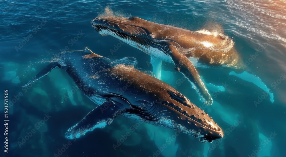 Obraz premium Two Humpback Whales Swimming Together in the Ocean, Symbolizing Marine Conservation and Wildlife Protection in a Natural Environment : Generative AI