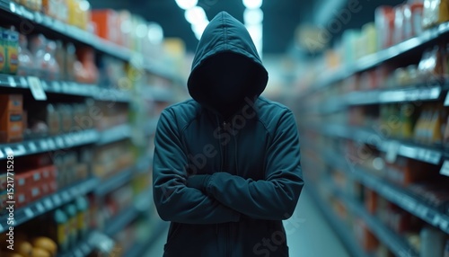 Hooded figure in retail store aisle at night. Ominous suspect with cross arms. Concept of crime, shoplifting, theft, security, retail store. Focus on danger risk, awareness of law, threat, police