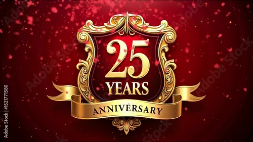Celebrate 25 Years of Excellence – Red and Gold Shield Anniversary Design Perfect for Silver Jubilee or Milestone Events.