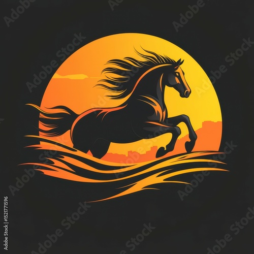 Majestic black horse galloping across waves with a vibrant sunset backdrop in a serene landscape
