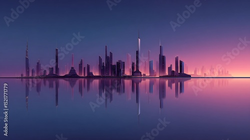 Futuristic cityscape at twilight reflected in water with vibrant colors