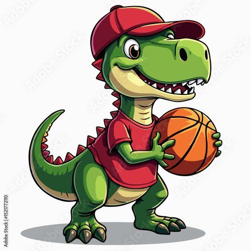 Vector drawing for children, teenager t-shirt. 
Cute green dinosaur boy with ball
for basketball game
isolated on white background. Design for fabric, 
paper, clothing.