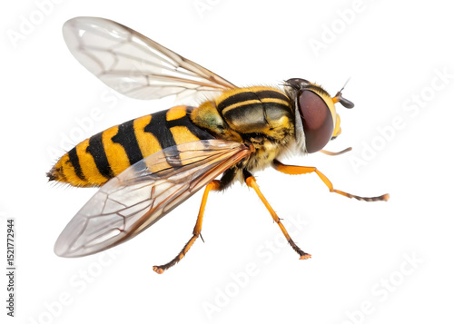 Close up of a hover fly on white background