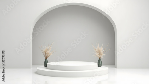 Minimalist White Podium Product Display with Arch and Dried Pampas Grass Vases