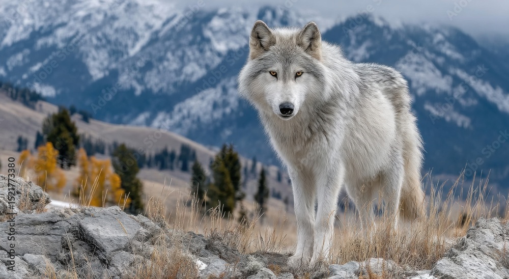 Fototapeta premium Gray Wolf Standing on Rocky Hillside Against Snowy Mountains, Showcasing Wildlife Conservation and Ecotourism : Generative AI