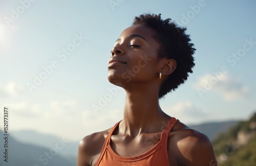 Young black woman practices yoga outdoors. Calm zen energy in nature with blue sky background. Meditation fitness. Face with closed eyes, deep breath of peace, freedom, mindfulness. photo