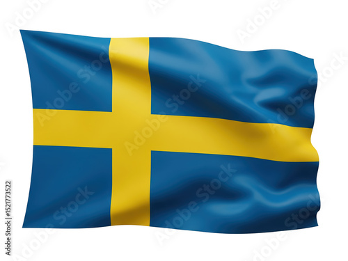 Swedish flag with yellow cross, entirely visible and lightly rippling, floating freely, isolated on a transparent background