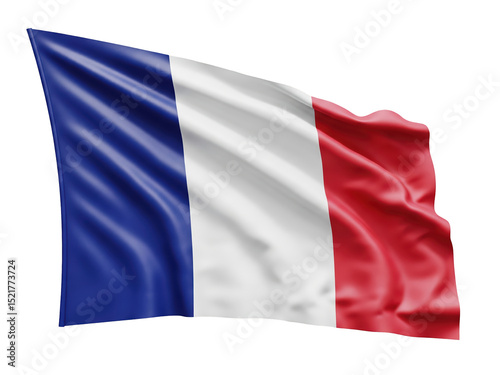 French flag made of cloth, entirely visible and softly waving, floating freely with no attachments, isolated on a transparent background