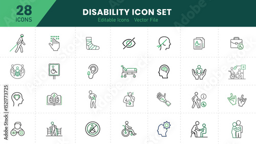  Disability icon set. Containing wheelchair, accessibility, blind, broken leg, disabled, assistance and deafness icons. Solid icon collection. Vector illustration.
