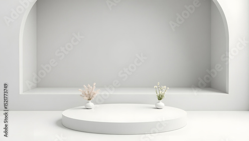 Clean White Product Podium with Recessed Shelf Arch and Delicate Flower Vases