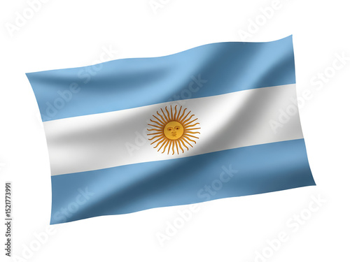 Argentinian flag with sun emblem, completely visible and fluttering softly in mid-air, isolated on a transparent background