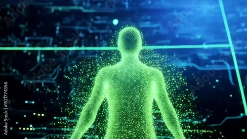 Futuristic Green Humanoid Figure in Digital Circuitry Background