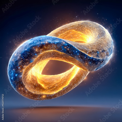 Illuminated infinity symbol showcasing cosmic elements and vibrant colors in an abstract setting