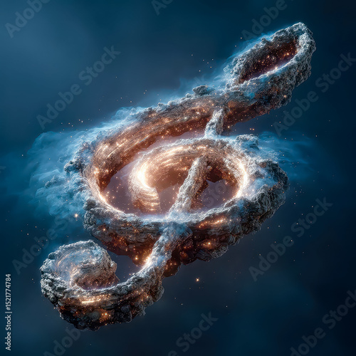 Celestial harmony emerges from the cosmos as a musical note glows in the deep void of space, symbolizing the unity of music and the universe