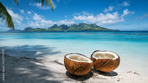 Exotic Beach Paradise: Two Coconuts on the Sandy Shore of a Tropical Island Getaway photo