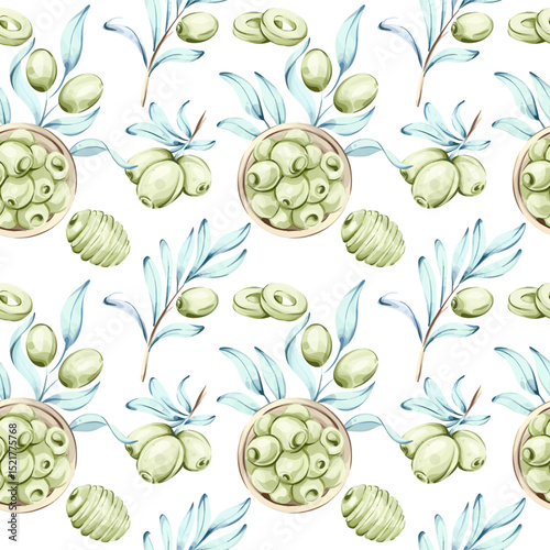 Seamless pattern of olives and olive oil in watercolor style capturing the essence of Italian cuisine nature and healthy eating for background and wallpaper use
