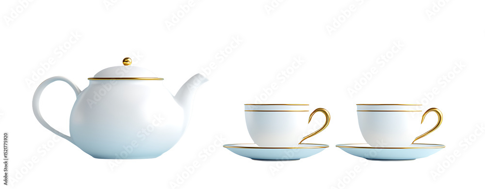 White tea set with smooth finish and classic design isolated on transparent backdrop suitable for digital content, packaging, and ads White tea set with smooth finish and classic design isolated on transparent backdrop suitable for digital content, packaging, and ads